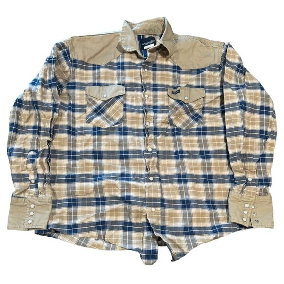 Wrangler Shirt Adult XL Khaki Blue Plaid Pearl‎ Snap Work Long Sleeve VTG |S1 - Picture 1 of 5